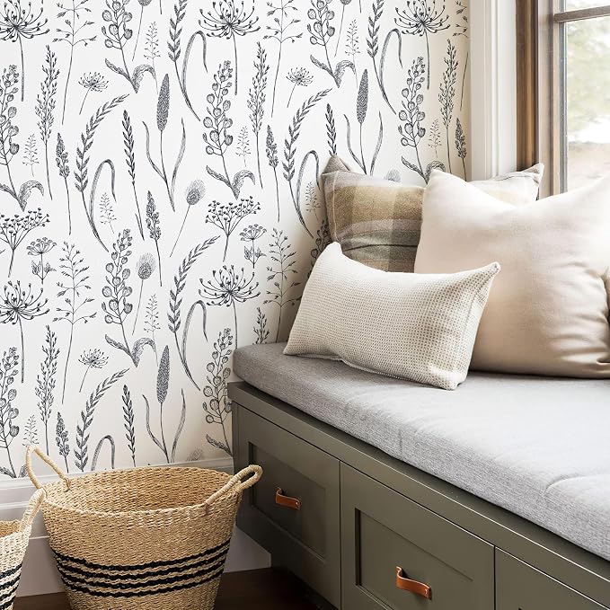 JiffDiff Peel and Stick Wallpaper Farmhouse Vintage Floral Contact Paper Wheat Meadow Removable Self Adhesive Wallpaper Black and White (56 sq.ft)