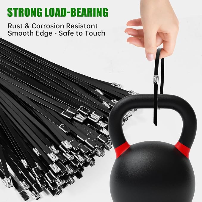 Metal Zip Ties 200 Pack 18 Inch, 304 Stainless Steel 300LBS Heavy Duty Zip Ties Black - Self-Locking Cable Ties for Exhaust Wrap，Chain Link Fence Parts, Outdoor Farms,Pipes