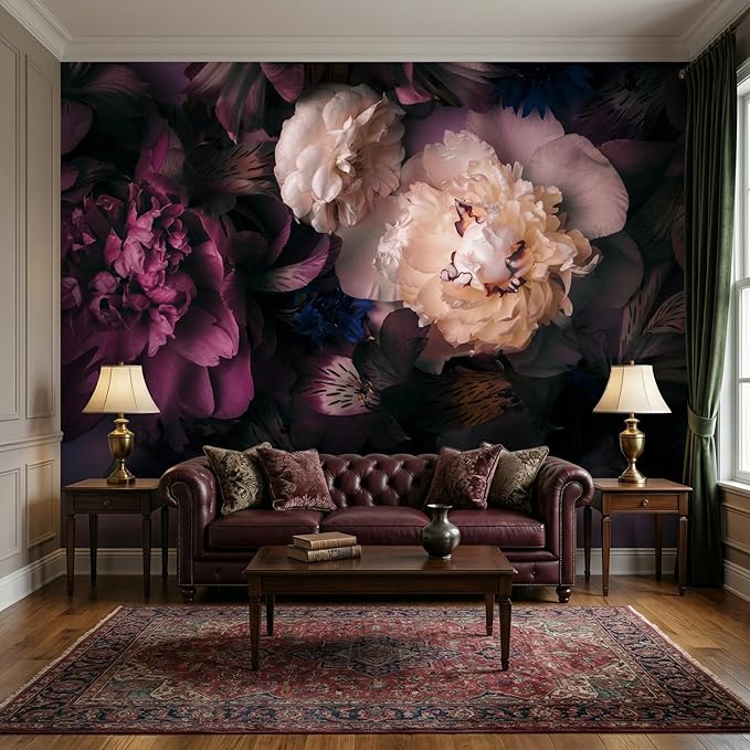 MFWFM Dark Floral Peel and Stick Wallpaper Peony Flowers Wall Murals | 137"x96", for Bedroom Living Room Bathroom, Self Adhesive Canvas