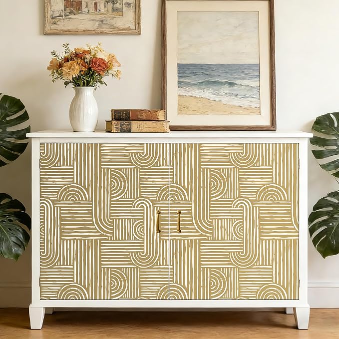 Livelynine Geometric Abstract Peel and Stick Wallpaper White and Gold Mid Century Modern Neutral Mustard Yellow Golden Beige Designs Wallpaper Boho Contact Paper Rolls Minimalist Removable 17.5x78.8