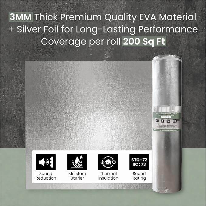 3-in-1 Acoustic Premium Floor Underlayment - 200 sqft Roll - 3mm Thick EVA with Silver Foil Vapor Barrier - Moisture Barrier, Thermal Insulation, Sound Insulation (Green Protect)