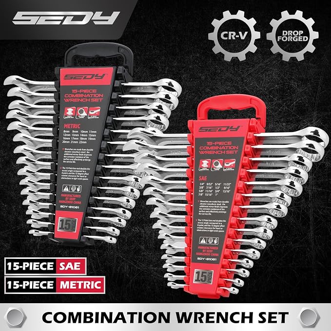 30-Piece Combination Wrench Set - Open End Wrench Set with Organizer Professional 12 Point Wrench Kit Tool for Mechanic Garages Workshops 1/4'' to 1'' & 8-22mm