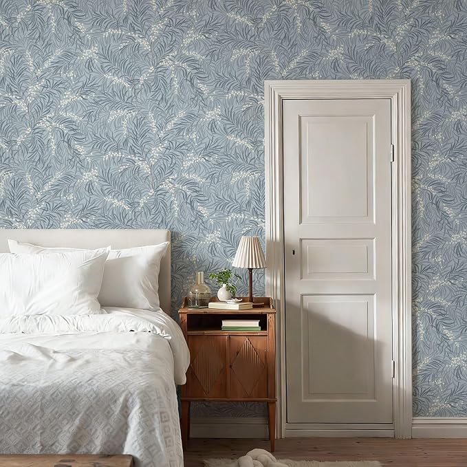 Ismoon Vintage Wallpaper Peel and Stick Dusty Blue Botanical Wallpaper 17.3in x32.8ft Leaf Removable Waterproof Blue/White Contact Paper for Bedroom Kitchen Renter Friendly Wall Decor Vinyl