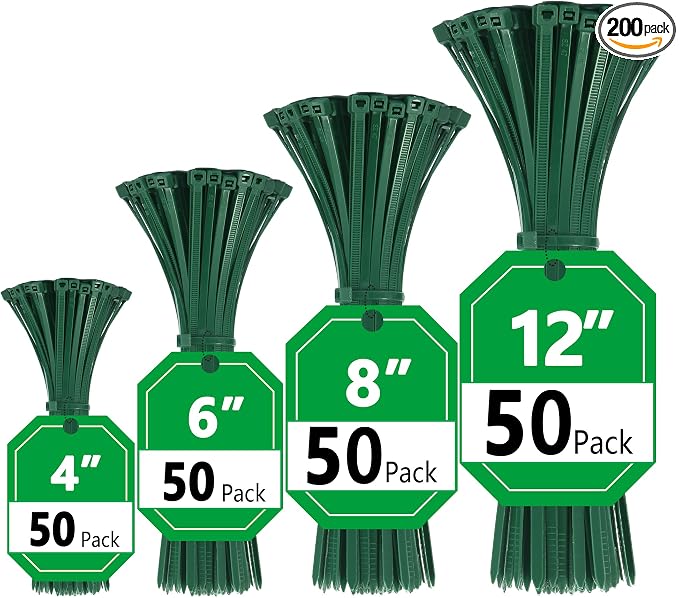 Green Zip Ties, Zip Ties Assorted Sizes 4/6/8/12 inch, 200 Pack, 18-50 lb Tensile Strength, Zipties, Green Cable Ties for Christmas, Garden, Plants, Floral Arrangements by Glufirm