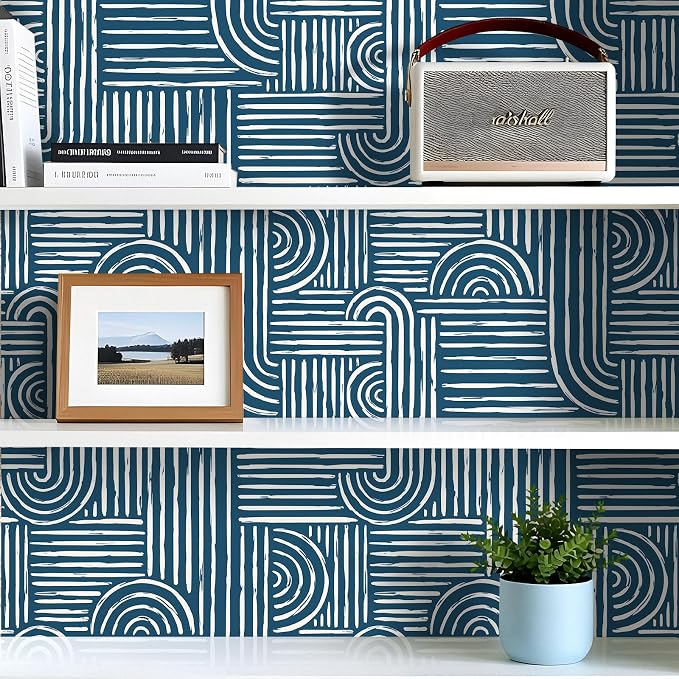 Livelynine Blue Peel and Stick Wallpaper Geometric Modern Abstract Dark Blue and White Vinyl Removable Navy Accent Wallpaper Mid Century Geometric Contact Paper for Drawers Cabinet Bathroom 17.5x78.8
