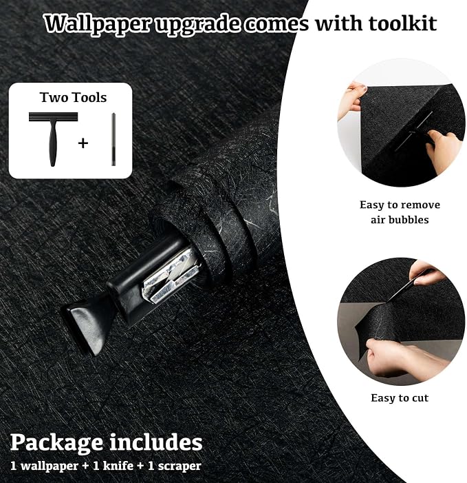 Black Silk Wallpaper Peel and Stick Embossed Self Adhesive Contact Paper 15.7" x 118" Removable Waterproof Kitchen Vinyl Wrap Cabinet Textured Renter Friendly Wall Cover with Scraper, Paper Cutter