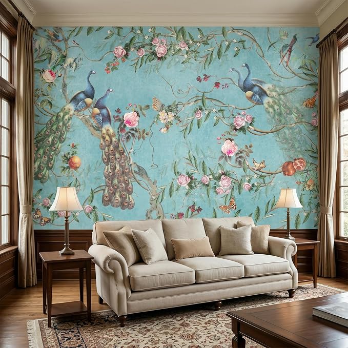 MFWFM Chinoiserie Peel and Stick Wallpaper Blue Peacock Wall Murals | 137"x96", for Bedroom Living Room Bathroom, Self Adhesive Canvas