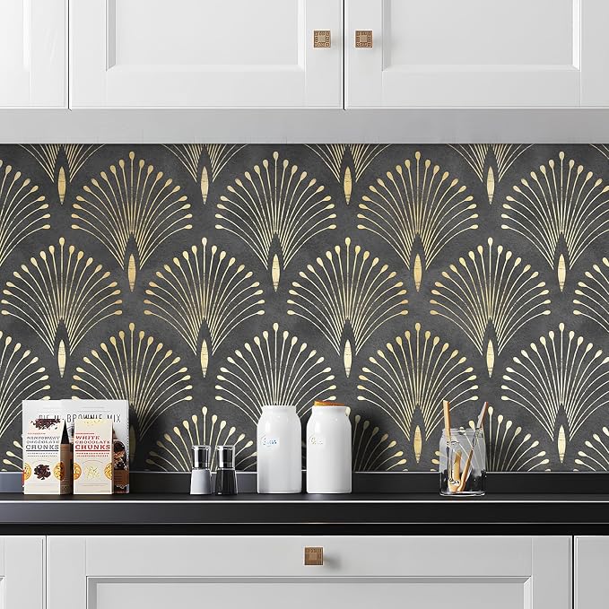 Livelynine 17.5x276 Art Deco Black and Gold Peel and Stick Wallpaper Abstract Peacock Wall Paper Prepasted Rolls Renter Friendly Black Vintage Contact Paper Waterproof Vinyl Geometric Wall Coverings