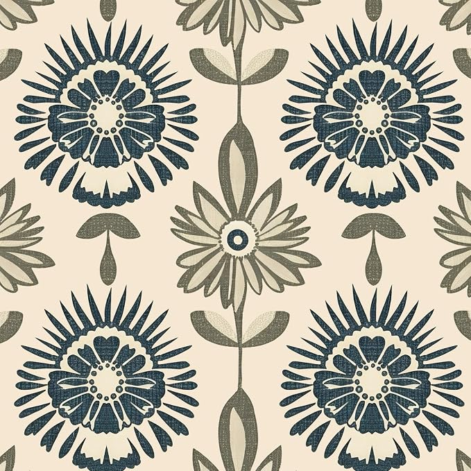 BOKEBEVE Boho Floral Peel and Stick Wallpaper Beige Blue 17.5 x 196In | Symmetry Contact Paper Modern Wall Paper for Bedroom Accent Walls Laundry Nursery Pantry Renter Friendly Removable