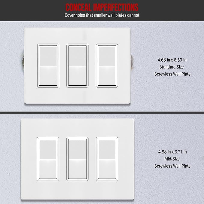 ENERLITES Screwless Decorator Wall Plates Child Safe Outlet Covers, Gloss Finish, Medium Size 3-Gang 4.88" H x 6.77" L, Unbreakable Polycarbonate Thermoplastic, SI8833M-W, White