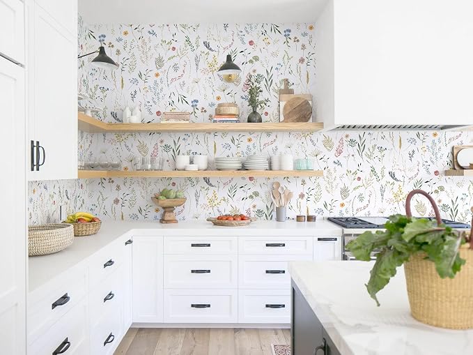 Dimoon 393"x16.1" Floral Peel and Stick Wallpaper White Contact Paper Thicken Wallpaper Delicate Flower Waterproof Green Leaf White Self Adhesive Removable Wall Paper Shelf Liner Decal Vinyl Roll
