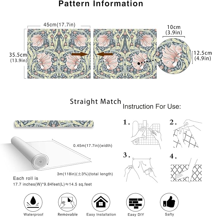 HAOKHOME Vintage Floral Wallpaper Peel and Stick Botanical Grey/Terracotta Wall Murals Home Kitchen Bedroom Decor by William Morris 17.3in x 9.8ft