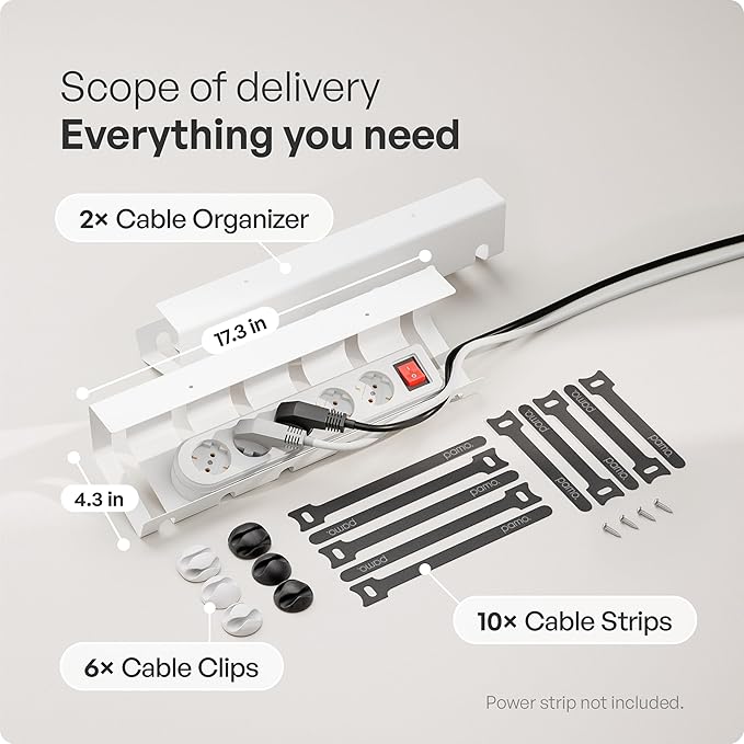 PAMO Cable Management Under Desk for Easy mounting Under-Table I Set of 2 - with 10X Cable Ties I Desk Organizer for Office/Home Office Table Thoughtful Cable Tray Holder | Includes 10 x cable holders, cable clips & screws, easy installation - made of ...