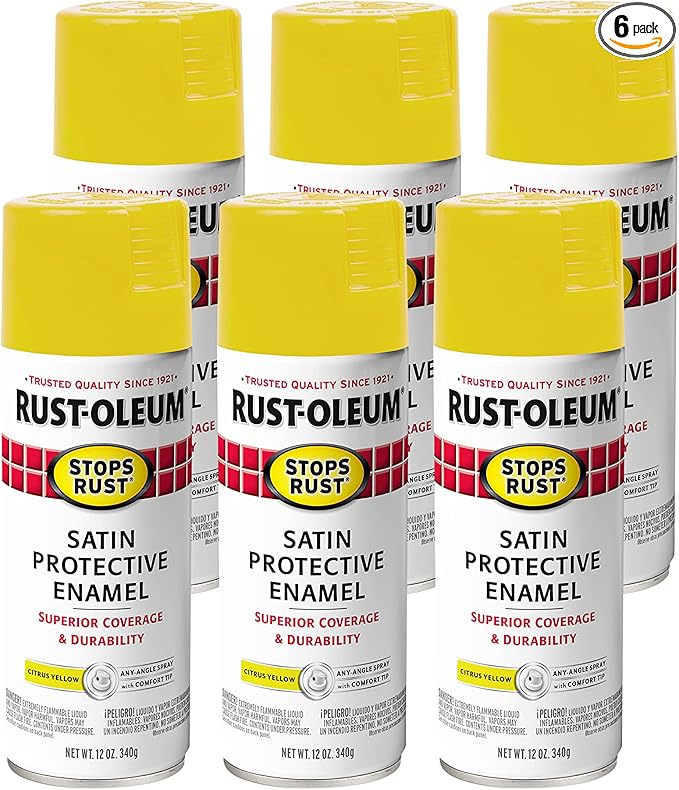 Rust-Oleum 365144-6PK Stops Rust Spray Paint, 12 oz, Satin Citrus Yellow, 6 Pack