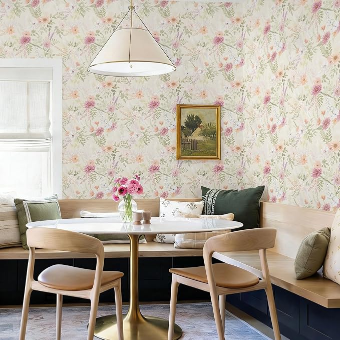 Dimoon Floral Peel and Stick Wallpaper Beige Boho Neutral Cottage Contact Paper Bathroom Cabinets Farmhouse Renter Friendly Removable Waterproof Kitchen Vinyl 386"x17.3"