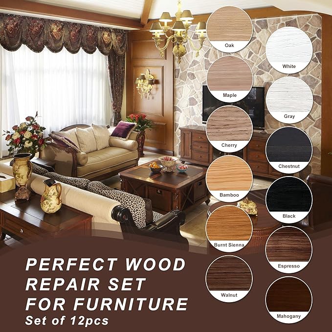 Hupeyna Wood Furniture Repair Kit, 12 Colors Wood Repair Kit, Wood Touch up Fillers, Repair Scratch, Cracks, Discoloration for Wooden Cabinet, Floor, Door, Table Surfaces Wood Filler Paint
