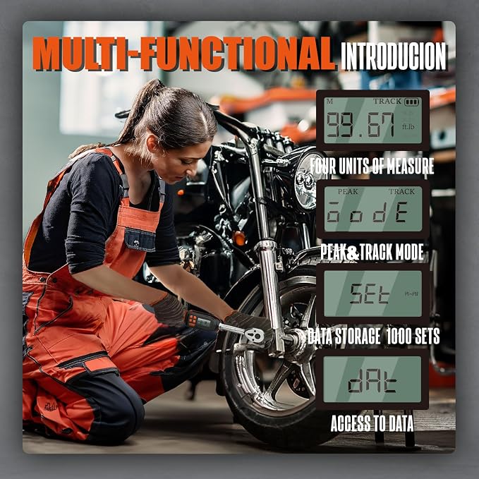 Digital Torque Wrench 3/8 Drive (5.02-99.57 Ft. Lb / 6.8-135 N.m) | ±2% Accuracy,Buzzer and LED Alert,Electric Display,Peak & Track,Foot / Inch Pound,Automotive,Car, Moto,Spark Plug,Engine,Bike