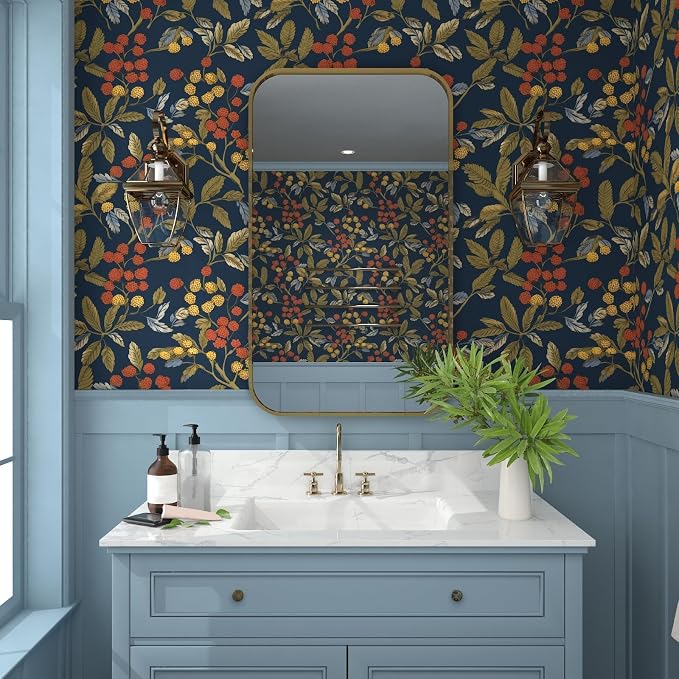Navy Floral Leaf Vintage Green Wallpaper Peel and Stick 17.5"x118" | Self Adhesive/Removable/Waterproof/Thick Vinyl Contact Paper for Bathroom Bedroom Shelf Cabinet Drawer,Prepasted,Easy Peel