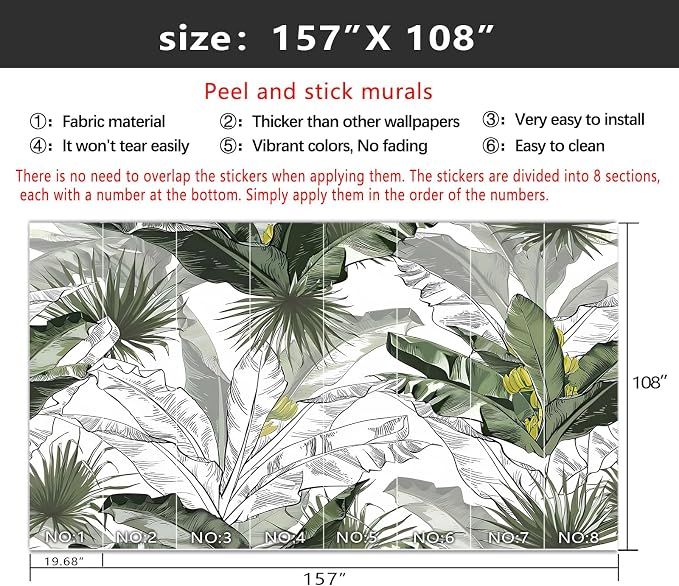 YIHWM-Peel and Stick Tropical Leaf Wallpaper Botanical Banana Leaf Mural | Tear-resistant,with a substantial feel;Will not be damaged during repositioning.Bathroom,Bedroom wallpaper.XL-157"x108"