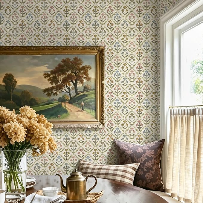 Dimoon Vintage Peel and Stick Wallpaper Retro Botanical Contact Paper Farmhouse Wallpaper Cottage Renter Friendly Removable Geometric Wall Paper for Bathroom Kitchen Textured Vinyl 17.3''x197''