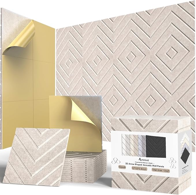12Pack Acoustic Wall Panels, Self-Adhesive Sound Proof Foam Panels for Walls, High Density Acoustic Foam Sound Dampening & Sound Absorbing for Recording Studios, Offices, Home, 12"×12"×0.4", Camel