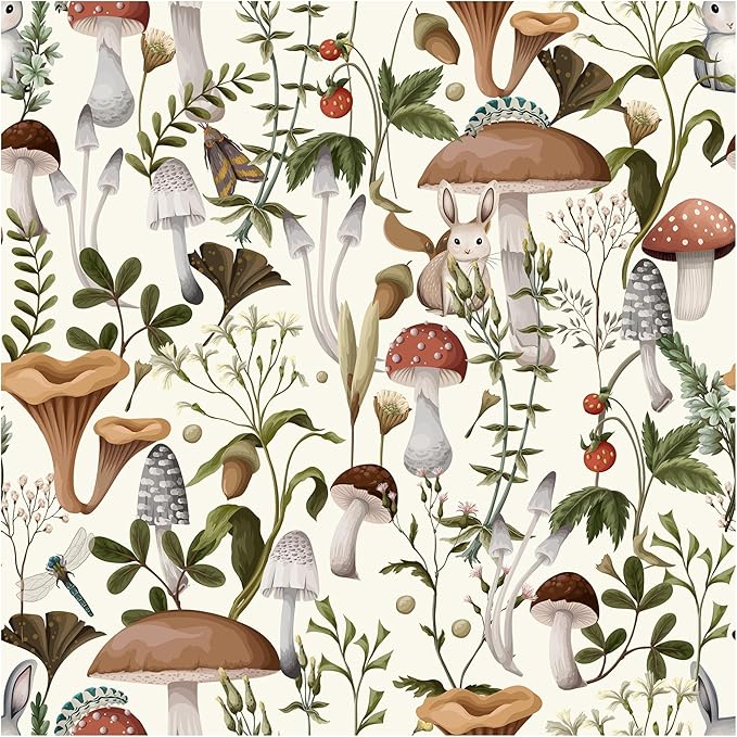 Mushroom Wallpaper Peel and Stick Boho Contact Paper 17.7"×393" | Self Adhesive Wallpaper Removable Beige Forest Vintage Contact Paper for Cabinets Kitchen Leaf Wallpapers Waterproof Vinyl