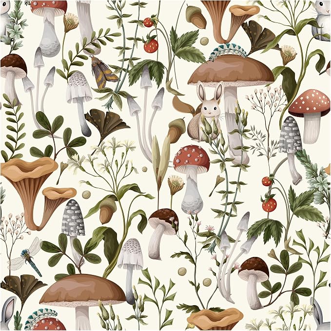 Mushroom Wallpaper Peel and Stick Forest Contact Paper 17.7"×78.8" | Self Adhesive Wallpaper Removable Vintage Beige Leaf Contact Paper for Cabinets Kitchen Mushroom Wallpapers Waterproof Vinyl