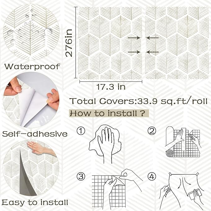 Modern Peel and Stick Wallpaper 17.3''×276'' Self Adhesive Wallpaper Boho Contact Paper Beige and White Geometric Wall Paper Removable Decorative Wallpapers for Bedroom Bathroom Cabinets Decor Vinyl