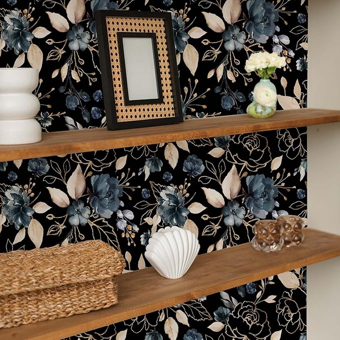 Black Gold Floral Peel and Stick Wallpaper 17.7"x393.3" | Removable thick vinyl, dark botanical design with navy blue flowers, bedroom, bathroom, renter friendly accent walls