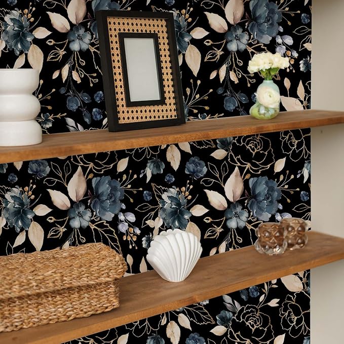 Black Gold Floral Peel and Stick Wallpaper 17.7"x78.8" | Removable thick vinyl, dark botanical design with navy blue flowers, bedroom, bathroom, renter friendly accent walls
