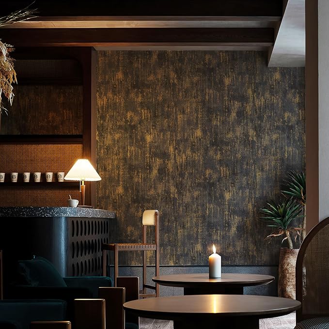 JiffDiff Vintage Metallic Peel and Stick Wallpaper Industrial Metallic Concrete Wall Paper Modern Stick on Wallpaper Self Adhesive Contact Paper(17.3" x 1200" Black Gold)