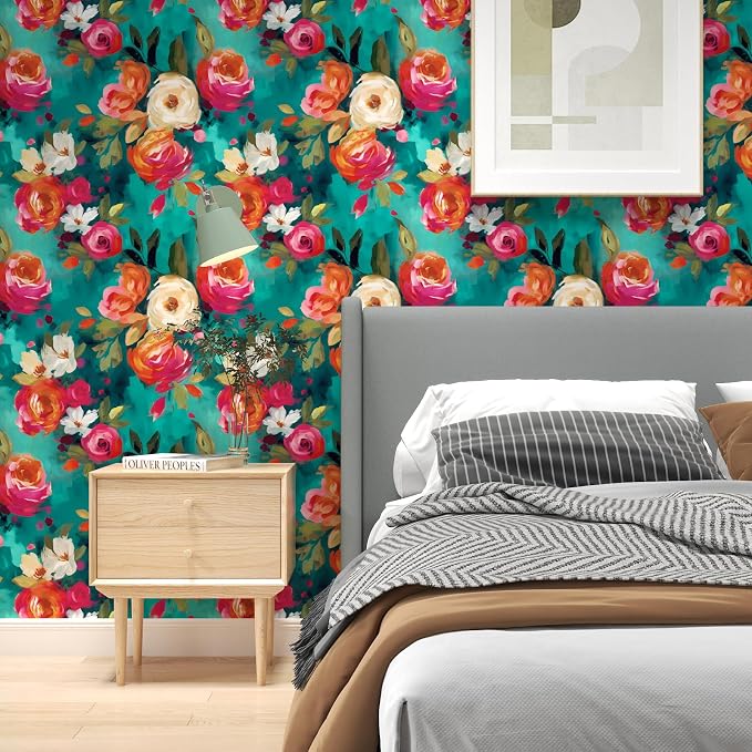 BOKEBEVE Floral Wallpaper Peel and Stick Boho Teal Blue 17.5 x 787In | Super Long Removable Renter Friendly Vibrant Watercolor Wall Paper for Bedroom Bathroom Living Room Feature Accent Wall