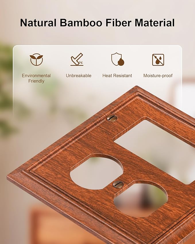 2-Pack Combo Duplex/Decorator Outlet Cover Plate, Wood Grain Decorative Switch Plates Covers, Durable Natural Bamboo Fiber Wall Plates for Electrical Outlets, Receptacle, GFCI Outlet, Dimmer Switch