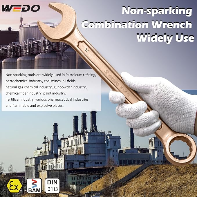 WEDO Non-Sparking Combination Wrench 8mm,Beryllium Copper,Non-magnetic | 12-Point Metric Spark-free Spanner,15-Degree Offset,Corrosion-resistance,DIN3113,BAM&FM Certificate,For Oil,Chemical,Mining