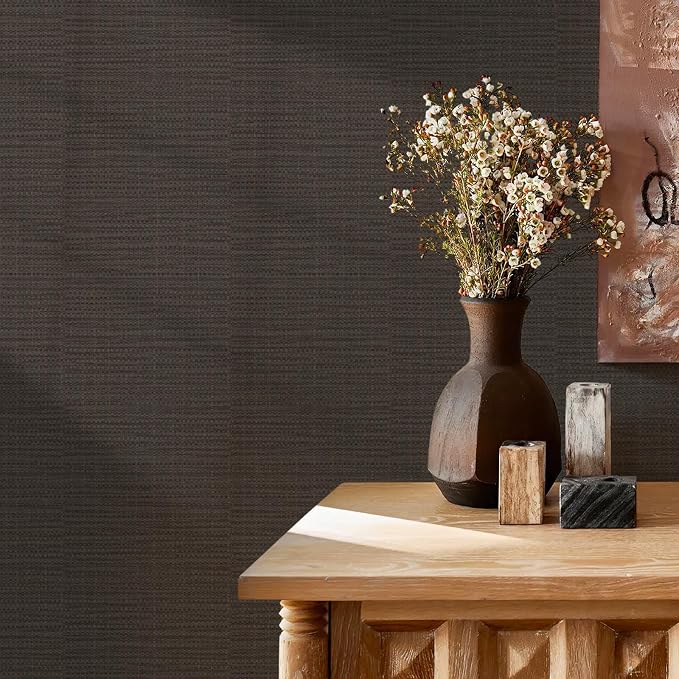 JiffDiff Grasscloth Wallpaper Peel and Stick 17.3"x118" Black Grassweave Peel & Stick Wallpaper Textured Wall Paper Contact Paper (14 sq. ft)