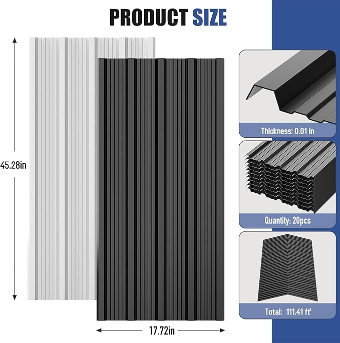 Brakki Metal Roofing Panels 20pcs 111.4 ft², 45.28"L Black Corrugated Galvanized Steel Roof Panels with Screw, Heavy Duty Metal Siding Suitable for Garages Chicken Coop Sheds Stables Patio