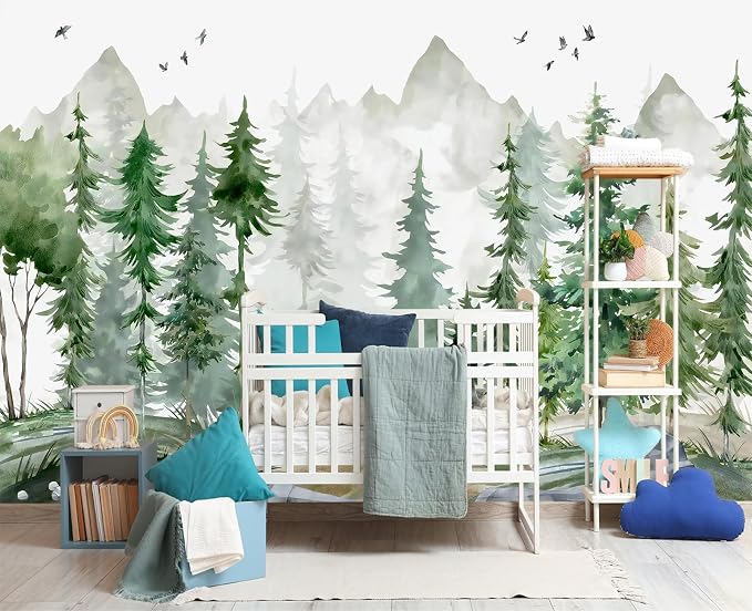 YIHWM-Peel and Stick Nursery Forest Wallpaper Watercolor Pine Tree Mural | Tear-resistant,with a substantial feel;Will not be damaged during repositioning.Boy's Room,kids room wallpaper.M-118"x85"