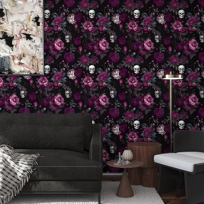 ILHIIOR Black Floral Gothic Peel and Stick Wallpaper 17.5 x 118 Inches | Leaf Removable Self Adhesive Waterproof Contact Paper, Renter Friendly Decor for Cabinets, Drawers & Bedroom Walls
