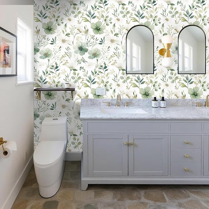 Sage Green Floral Peel and Stick Wallpaper 17.7" x 393.7" | Thick removable watercolor natural flower design for renters and bedroom accent walls