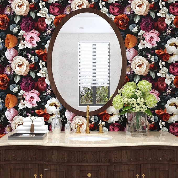 Vintage Black Red Rose Floral Peel and Stick Wallpaper 17.5"x118" | Self Adhesive/Removable/Waterproof/Thick Vinyl Contact Paper for Bathroom Bedroom Shelf Cabinet Drawer,Prepasted,Easy Peel