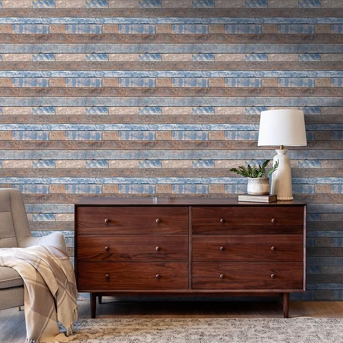 COMSTICKC Peel and Stick Faux Wood Wall Sticker Wall Panels, 10 Pcs of 12" x 12", Ultra-Light Thin PVC 3D Fake Wood Shiplap Self-Adhesive Wall Covering Wallpaper for Interior Farmhouse Decor
