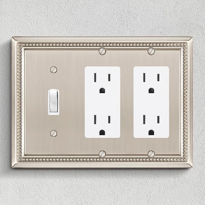Henne Bery Sunken Pearls Heavy Duty Decorative Wall Plate Switch Plate Outlet Cover (Single Toggle/Double Decorator, Satin Nickel)