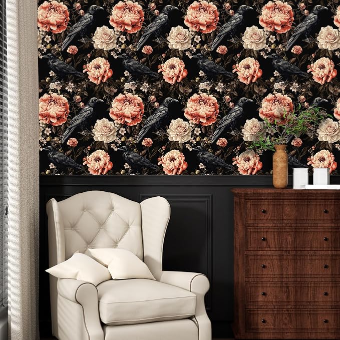 ILHIIOR Black Crow Floral Peel and Stick Wallpaper 17.5 x 118 Inches | Leaf Removable Self Adhesive Waterproof Contact Paper, Renter Friendly Decor for Cabinets, Drawers & Bedroom Walls