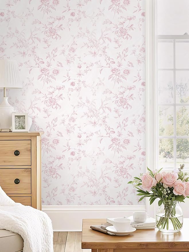 Ismoon Floral Peel and Stick Wallpaper Vintage Pink Wall Paper French Textured Contact Paper Removable Self Adhesive Wallpaper for Bedroom Vinyl Roll Renter Friendly 17.3in×9.84 ft