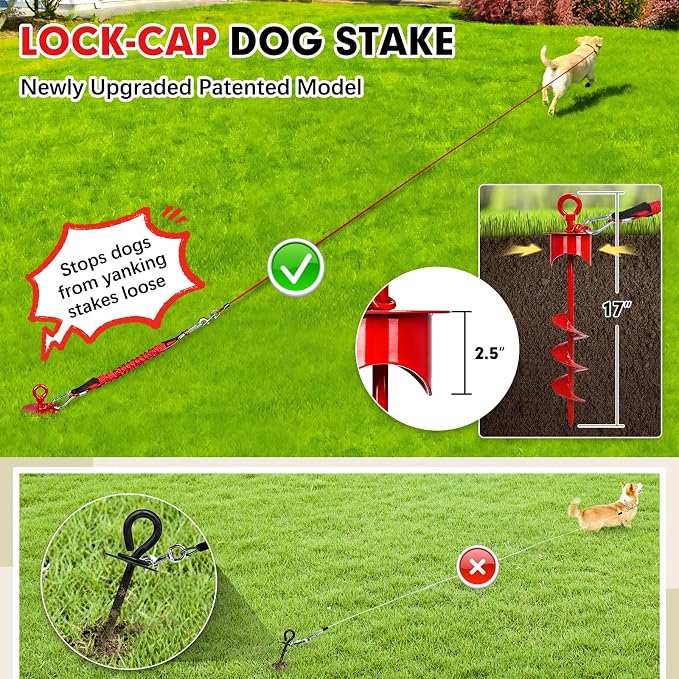 Snagle Paw Dog Tie Out Stake with Lock-Cap up to 360 Lbs,Heavy Duty Dog Stakes for Outside/Yard/Camping with Buffer Spring,360°Swivel Rust Proof Ground Anchor for Dog Cable,Leash,Chain