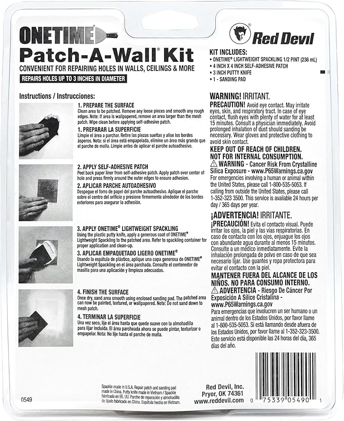 Red Devil 0549 ONETIME Lightweight Spackling Patch-A-Wall Kit, 1/2 Pint, Made in USA