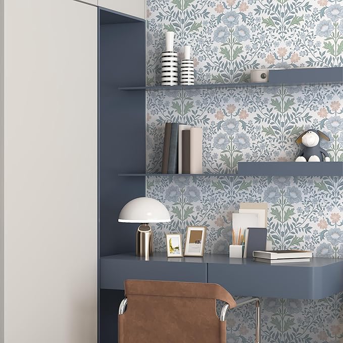 PeonyQueen Floral Peel and Stick Wallpaper 17.3"x197" Boho Contact Paper | Self Adhesive Removable Wall Paper for Bathroom Bedroom Blue and White Wildflower Wallpapers for Walls Home Decorate Vinyl