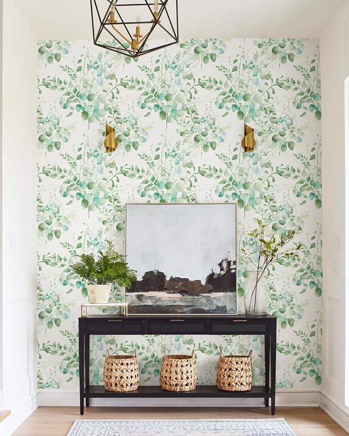 Naphite Green Floral Wallpaper Botanical Leaf Contact Paper 393in17.3in | Nature Eucalyptus Boho Contact Paper for Cabinets,Vinyl Self Adhesive Removable Wallpaper,Bedroom Bathroom Decor, Easy Match