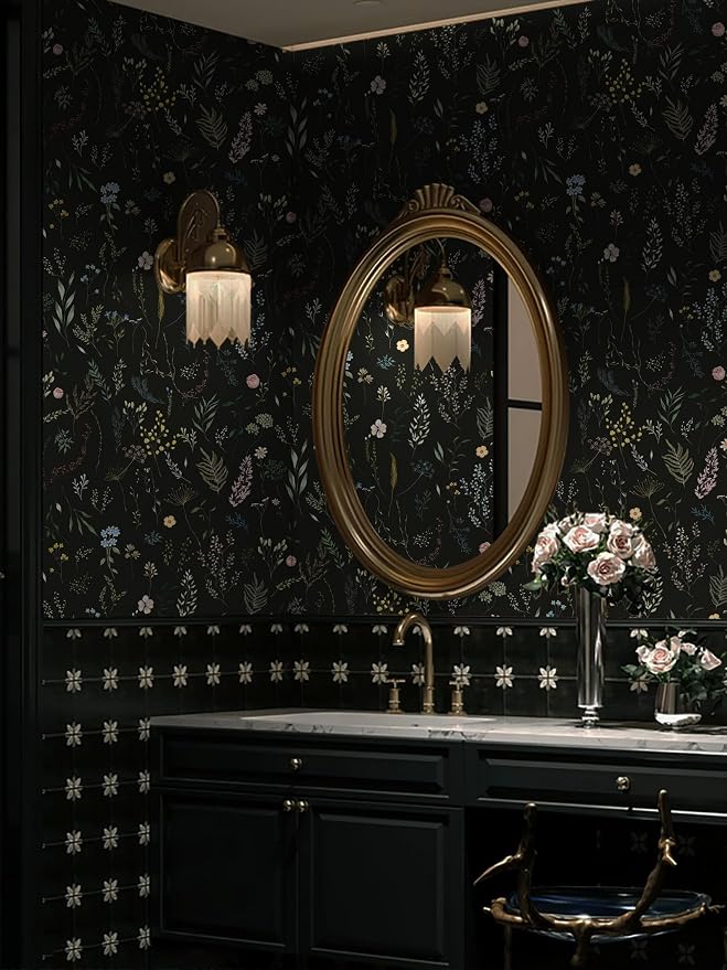 Dimoon 787"x16.1" Floral Peel and Stick Wallpaper Black Contact Paper Thicken Wallpaper Delicate Flower Waterproof Green Leaf White Self Adhesive Removable Wall Paper Shelf Liner Decal Vinyl Roll
