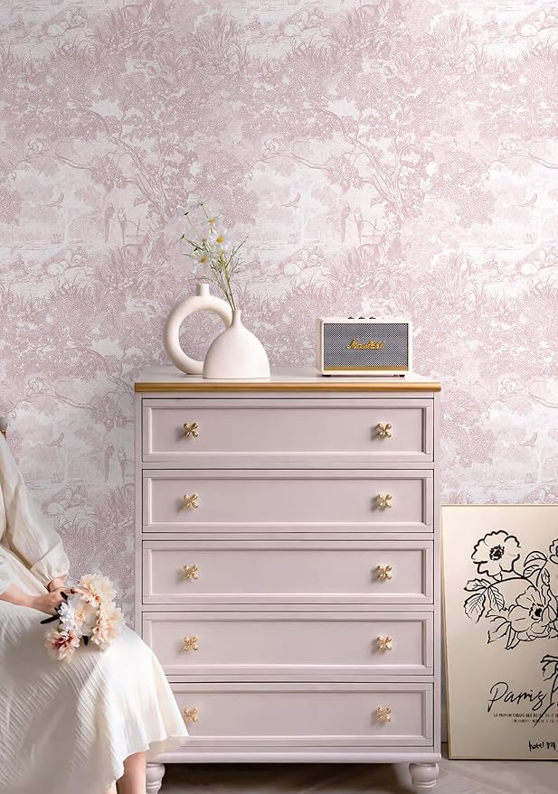 Heroad Peel and Stick Wallpaper Pink and White Vintage Forest Animals Floral Wallpaper Removable Self-Adhesive Contact Paper for Bedroom Living Room Cabinets Decoration Thicken Vinyl 17.3" x 197"